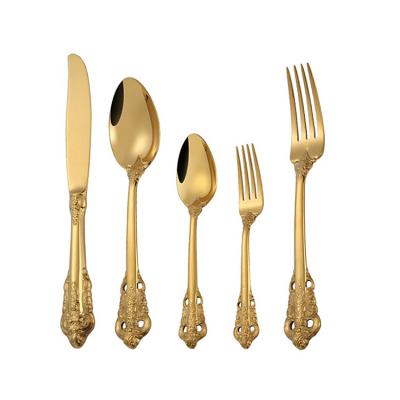 China Viable Royal Baroque Dinner Fork Steak Knife Stainless Steel Embossed Cutlery Set Gold Reusable Cutlery Set For Wedding for sale