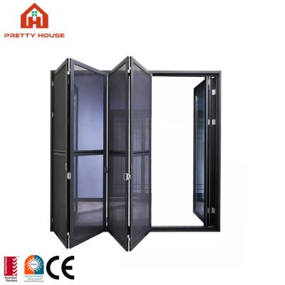 China Windproof Black Double Clear Insulated Frameless Aluminum Glass Folding Doors for sale