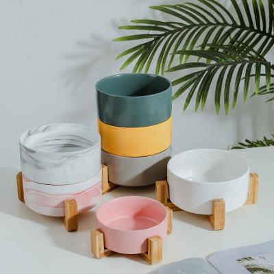 China Wholesale Marble Round Cat Dog Stocked Feeding Bowl Ceramic Pet Bowls With Wooden Stand for sale