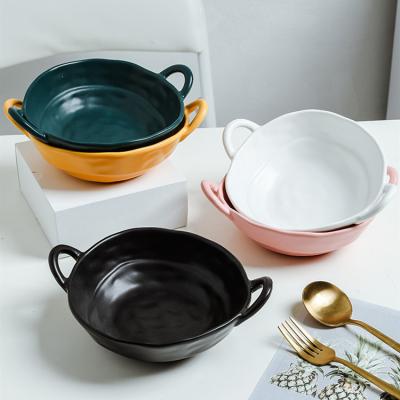 China Hot-selling Sustainable Nordic Salad Mixing Bowl Decoration Tableware Soup Ramen Irregular Ceramic Bowl With Two Handles for sale