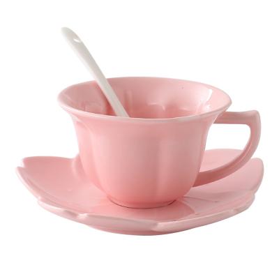 China Nordic Hot Selling Stocked Cappuccino Custom Cup Set Plum Blossom Shaped Ceramic Coffee Cup With Saucer for sale