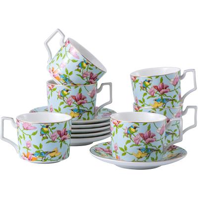 China Elegant Gold Rim Porcelain Cappuccino Espresso Cup Set of Modern British Luxury Floral Tea Cups and Saucers Pattern for sale