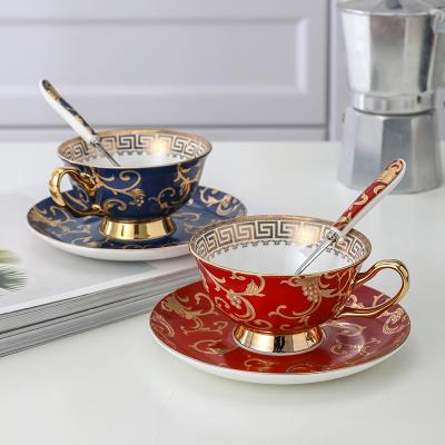 China Classic Red Blue Gold Handmade Royal Viable Luster Rim Tea Cup with Saucer Bone China Coffee Cup and Saucer Set for sale