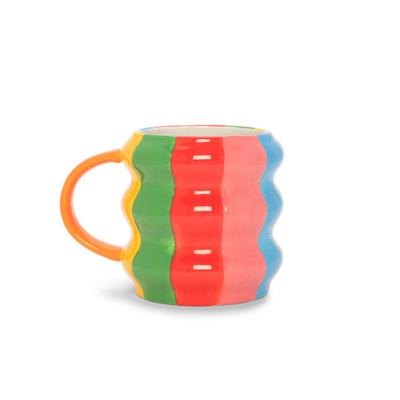 China Sustainable Ins Style Nordic Water Drinks Mug Hand Printed Design Colorful Glazed Creative Wavy Ceramic Mugs Personalized Coffee Mug for sale