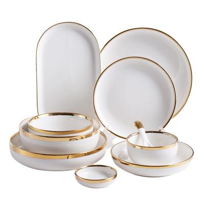 China Sustainable Nordic Luxury Wedding White Dishes Plates Dinnerware Set Custom Gold Edge Ceramic Dinnerware Set for sale