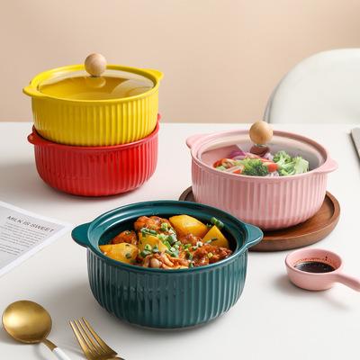 China Modern Kitchenware Stocked Solid Color Glazed Mini Bowl Oven Soup Casserole Safe Ceramic Casserole Dish With Glass Lid for sale