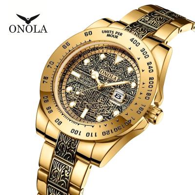 China High Quality Men's Gold Watches Retro Luxury Gold Men's Stainless Steel Date Business Casual Automatic Brand ONOLA 3814 Watch for sale