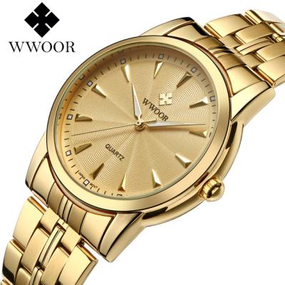 China WWOOR 8028 Gold Men's Hot Trending Quartz Waterproof Watch Fashion Top Steel Strap Business Waterproof Simple Watch for sale