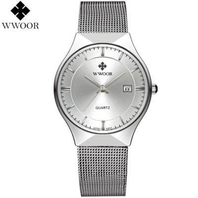 China Hot sale WWOOR 8016 automatic date classic silver men's quartz watches casual wristwatch waterproof bottom mesh band calendar moq for sale