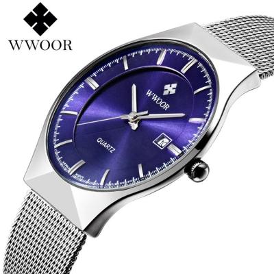 China Brand Automatic Fashion Date WWOOR 8016 Unisex Quartz Watches Date Mesh Strap Thin Simple Display Business Luxury Hand Watch for sale