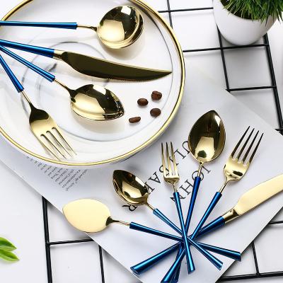 China Sustainable Sustainable Luxury Stainless Steel Cutlery Pvd Plated Blue And Gold Color Flatware Set for sale