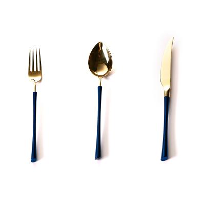 China Sustainable SS304 Stainless Steel Blue and Gold Sustainable Luxury Cutlery Set Flatware Set Dinnerware Set for sale