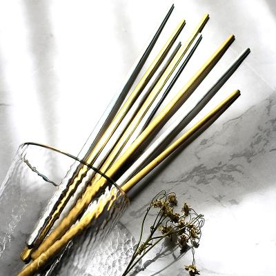 China Viable Hot Sale Shape Chopsticks 304 Stainless Steel Dinner Chopsticks Korean Flat Gold Plated Mirror Polish Viable for sale