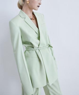 China Anti-wrinkle High Quality OEM Mini Green Women Blazer Oversize Single Breasted Women Suit Set Casual Daily Belt Jacket for sale