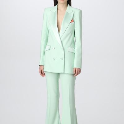 China Anti-wrinkle Customize Luxury Mint Green Double Breasted Women Tuxedo Long Sleeve Slim Fit Blazer Wide-Leg Pants Office Clothes For Ladies for sale