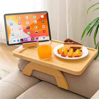 China Eco-Friendly Custom Bamboo Sofa Tray Table Clip on Side Table for Wide Couches Arm Foldable Couch Tray with Rotating Phone Holder for sale