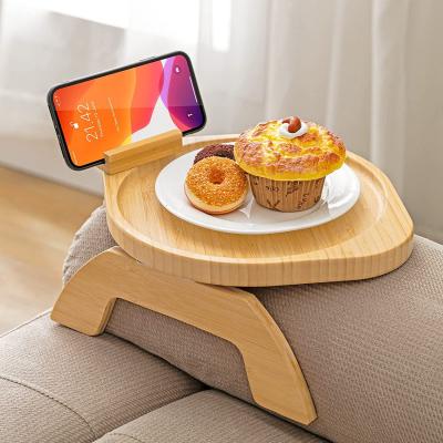 China Eco-Friendly Custom Bamboo Sofa Tray Table Clip On Side Table Couch Arm With 360 Phone Holder Couch Turntable For Arm Sofa Table for sale