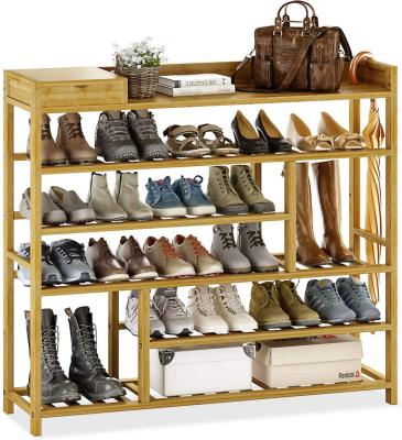 China (Size)Adjustable Custom Shoe Rack Organizer For Closet Shelf Entry 6 Tier Bamboo Solid Wood For 24 Pairs Boots With Storage Box for sale