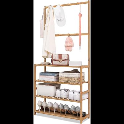 China Custom Expandable 3-In-1 Hall Tree Bamboo Entryway Coat Rack Shoe Organizer with 4 Shelf 8 Tier Storage Hooks for Front Door for sale