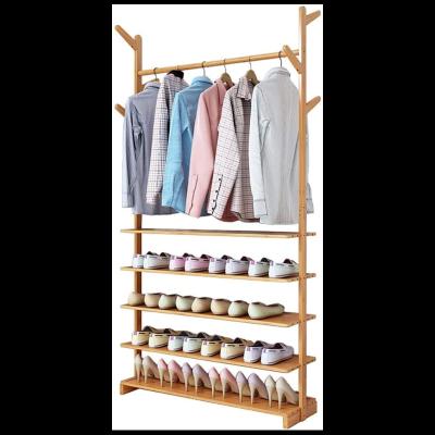 China Hall Tree Free Standing Custom Expandable Bamboo Coat Rack with 5-Layer Shelf and 6 Hooks for Shoes and Clothes Baskets for sale