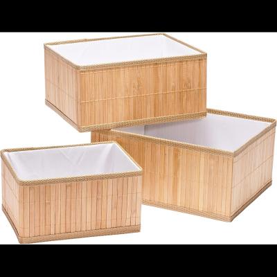 China Custom Eco-Friendly Bamboo Organizer Bins Set Of 3 Bamboo Storage Baskets With Fabric Liner On Tall Inner Boxes For Kitchen for sale