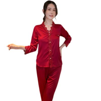 China XUYA Breathable Fashion Sexy Satin Pajamas Ice Silk Slim Fit Cardigan Long Sleeve Suit For Women for sale