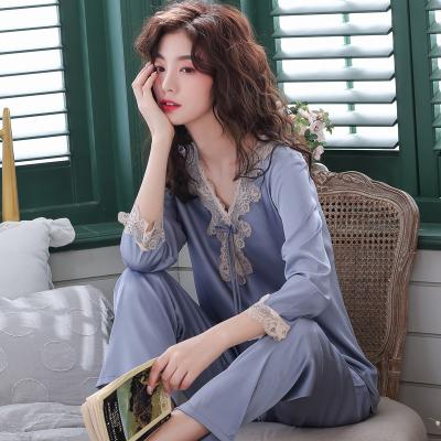 China XUYA Factory Direct Selling Breathable Thin Silk Lace Long Sleeve Home Clothes Two Piece Set For Women for sale