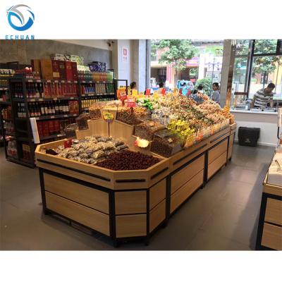 China Whole Vegetable Display Supermarket Product Rack Adjustable Market Design Store Wood Shelves Fruit and Vegetable Rack Shelf Gondolas for sale