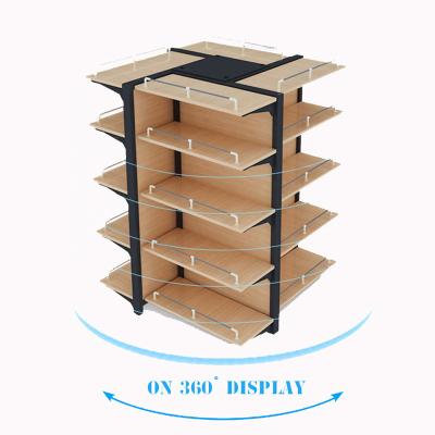 China Wooden 360-Degree Display Shelves For Mini Supermarket Stores Gondola Miniso Style Modern Grocery Store Shelving Stacking Racks for sale