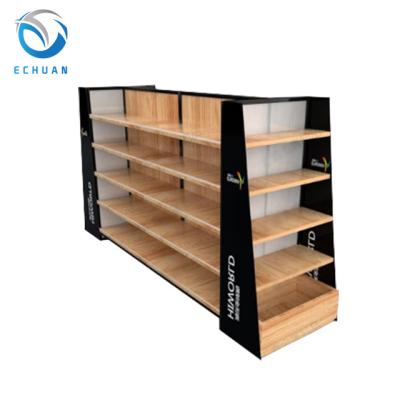 China Double Sided Wooden Shelves Gondola Retail Island Shelving Wooden Liquor Showcases Miniso Furniture No.ECHX04WI Deli Supermarket for sale