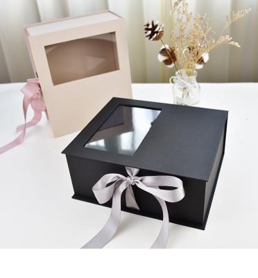 China Handmade Cheap Folding Window Paper Box Gift Paper Box with Ribbon Gold Stamping for Christmas Festival and Clothing Packing for sale