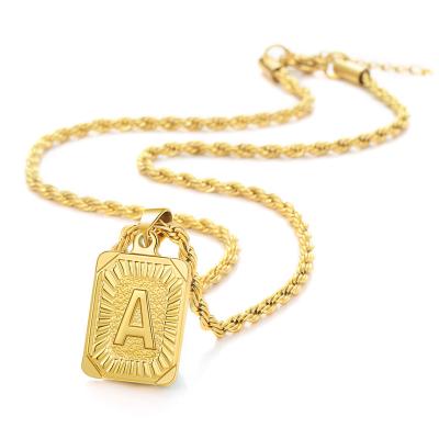 China TRENDY Fashion Jewelry 316L Stainless Steel PVD Gold Plated Square A-Z 26 Alphabet Initials Letter Pendant Necklace With Rope Chain for sale