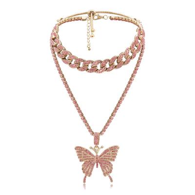 China TRENDARY Fashion Jewelry Running Gold Plated Bling Hip Hop Cuban Link Butterfly Chain Necklace Choker Pendant Necklace With Rhinestone for sale