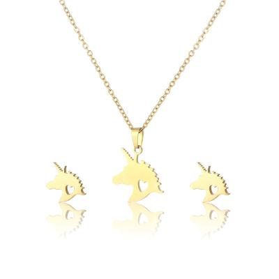 China Environmental Friendly Unicorn Shape Pendant Necklace And Earrings Set Stainless Steel Woman Customized Jewelry Set for sale