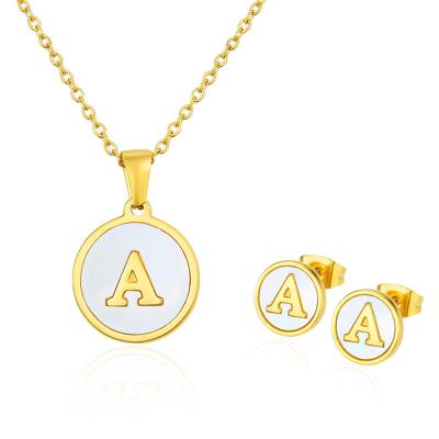 China 26 TRENDY Letter Earing and Necklace Jewelry Set Jewelry Set Shell Gold Stainless Steel Necklace Earrings Set for Women for sale