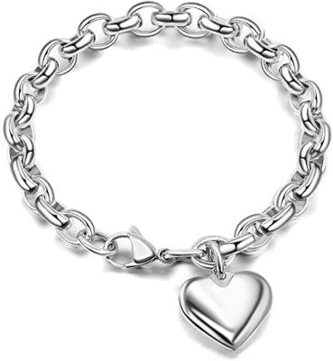 China Fashion Silver Good Quality Stainless Steel Oval Heart Charm Chain Bracelet For Women for sale