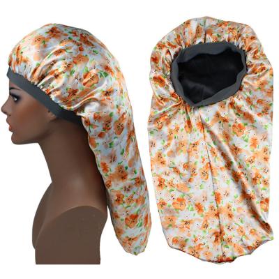 China Double Layer Striped Extra Long Flower Printed Design Satin Cowl Long Hair Bonnet For Women for sale