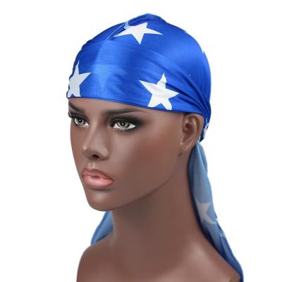 China 2020 New Printing Silky Star Flower Luxury Silk Durag Men's Long Tailed Durags Women Headwrap Polyester Turban Do Doo Silky Du Cloths for sale