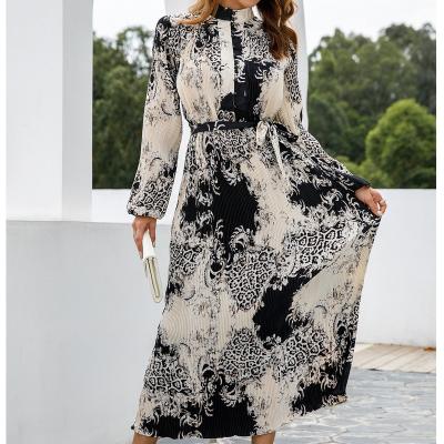 China Women's Breathable Toothpick Pleated Lantern Sleeve Bead Button Printed Long Sleeve Dress for sale