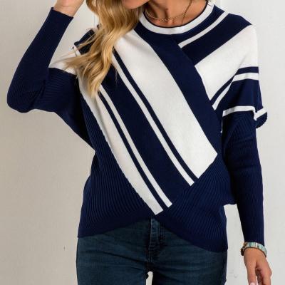 China Anti-pilling Women Round Neck O-Stripe Bat Wing Long Sleeve Plus Size Sweater for sale