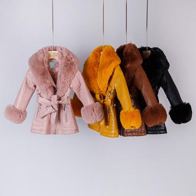 China 2022 new Anti-wrinkle trend children's winter clothes thick fluffy fur other girls' clothing styles long with belt girls leather jacket for sale