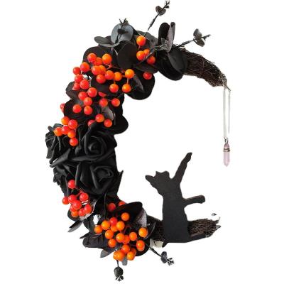 China Plastic witch cat Halloween moon Kitty garland door hangings festive twigs kitten rattan circle atmosphere decorations for sale