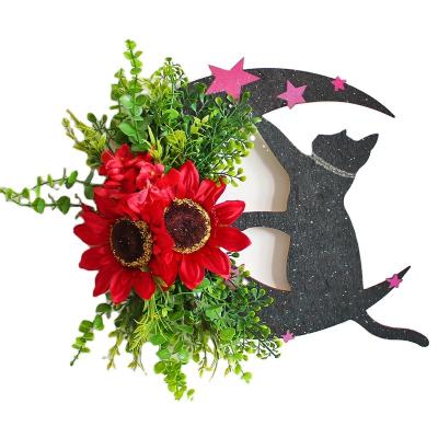 China Plastic cat night in  Halloween moon Kitty garland door hangings festive twigs kitten rattan circle atmosphere decorations for sale