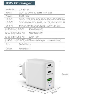 China QC3.0 kc, KCC Approved 65W Fast Charger 3 in 1 Travel Adapter for Samsung Cell Phone Laptops Notebook for sale