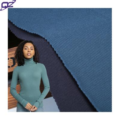 China Memory Plain Dyed 350GSM Heavyweight 2 Way Stretch Polyester Cotton Spandex 2*2 TC Rib Knit Fabric For Sweater Jumper Women Tops Cuff for sale