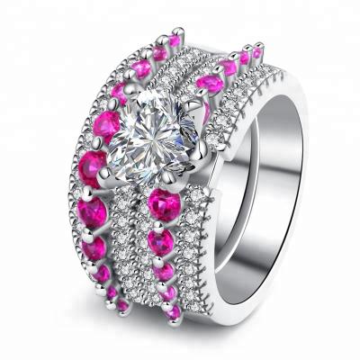 China Romantic Heart Shape Red CZ Setting 925 Ring Set For Women Silver for sale