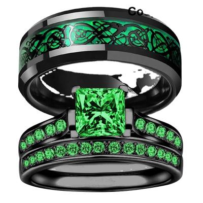 China Beautiful Design 925 Sterling Silver And Stainless Steel Green Couple Ring Set For Wedding for sale