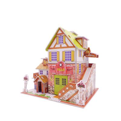 China Christmas gift 3d building puzzle toys DIY Toy Set French holiday resort dollhouse doll house 3d paper educational jigsaw puzzle building model puzzle for sale