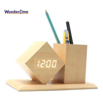 China 2018 Calendars Christmas Gift Wooden Pen Container Holder LED Digital Creative Alarm Clock With Temperature Time Date for sale