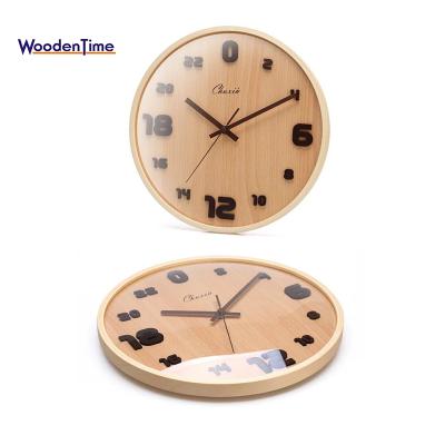 China Simple Round Design Modern Creative European Antique Art Living Room Home Decoration Solid Wood Style Modern Mute Wooden Wall Clock 12/14 Inch for sale